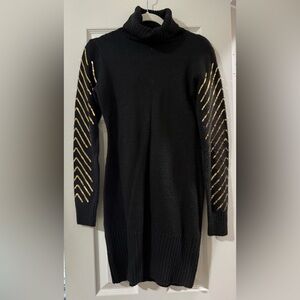 Black Sweater Turtleneck Dress with Gold Sequin Sleeve Detail